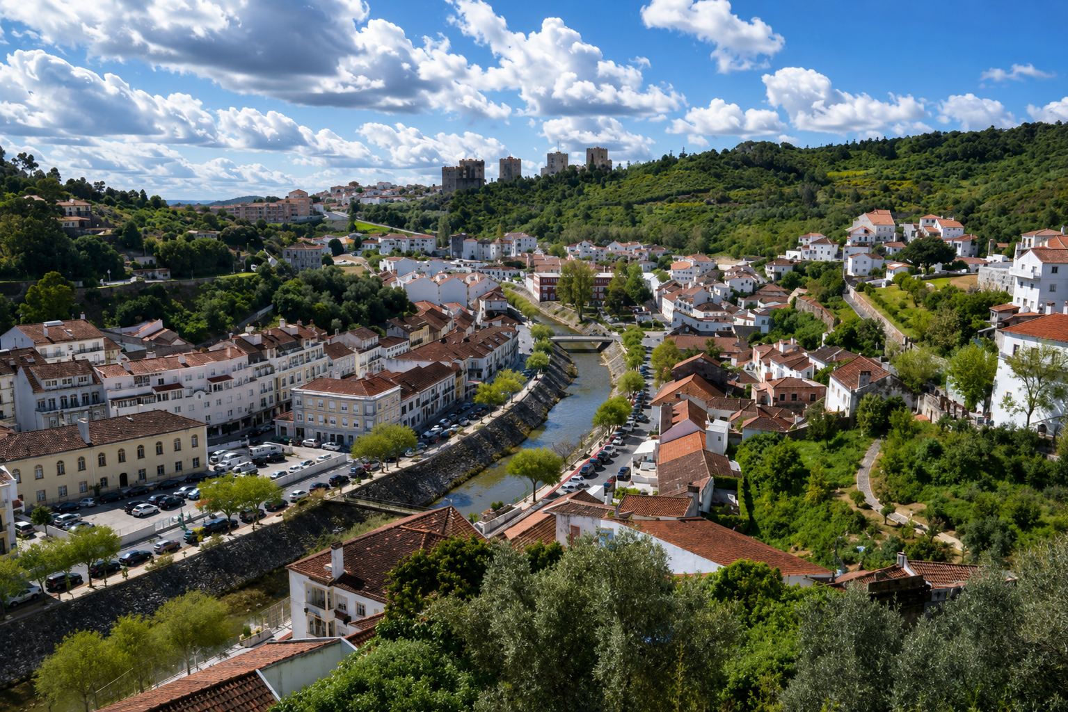 Vista aérea de Alenquer com o seu castelo e zona rural