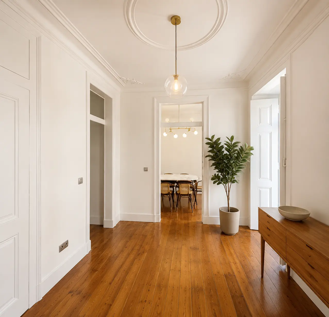 Hall de entrada do apartamento com pavimento em madeira