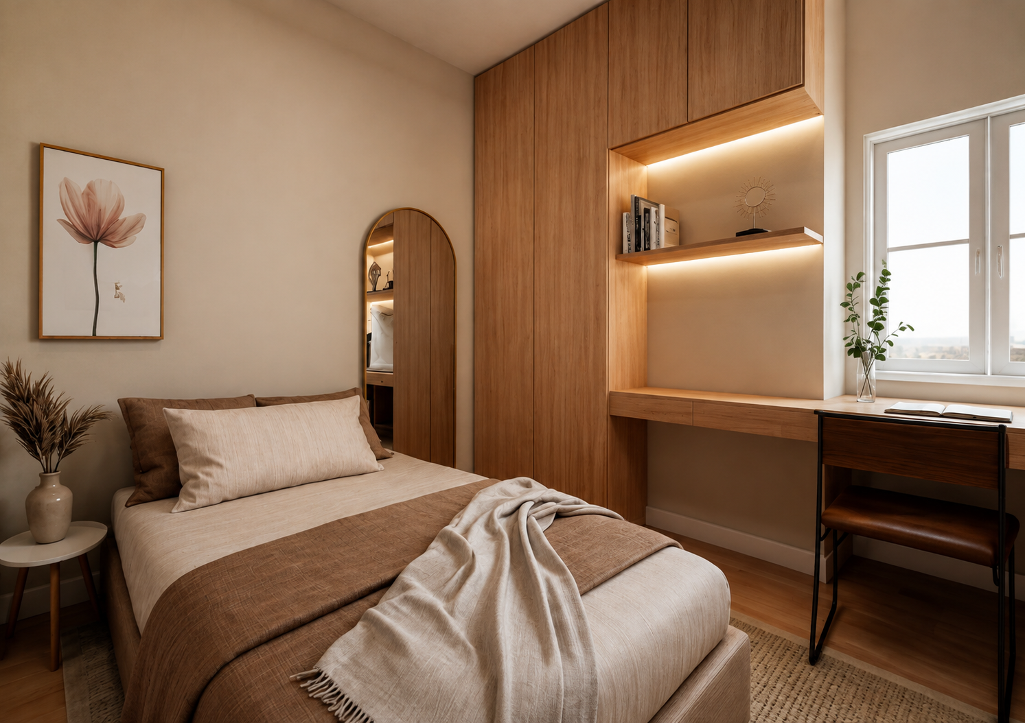 Quarto com marcenaria integrada e secretária