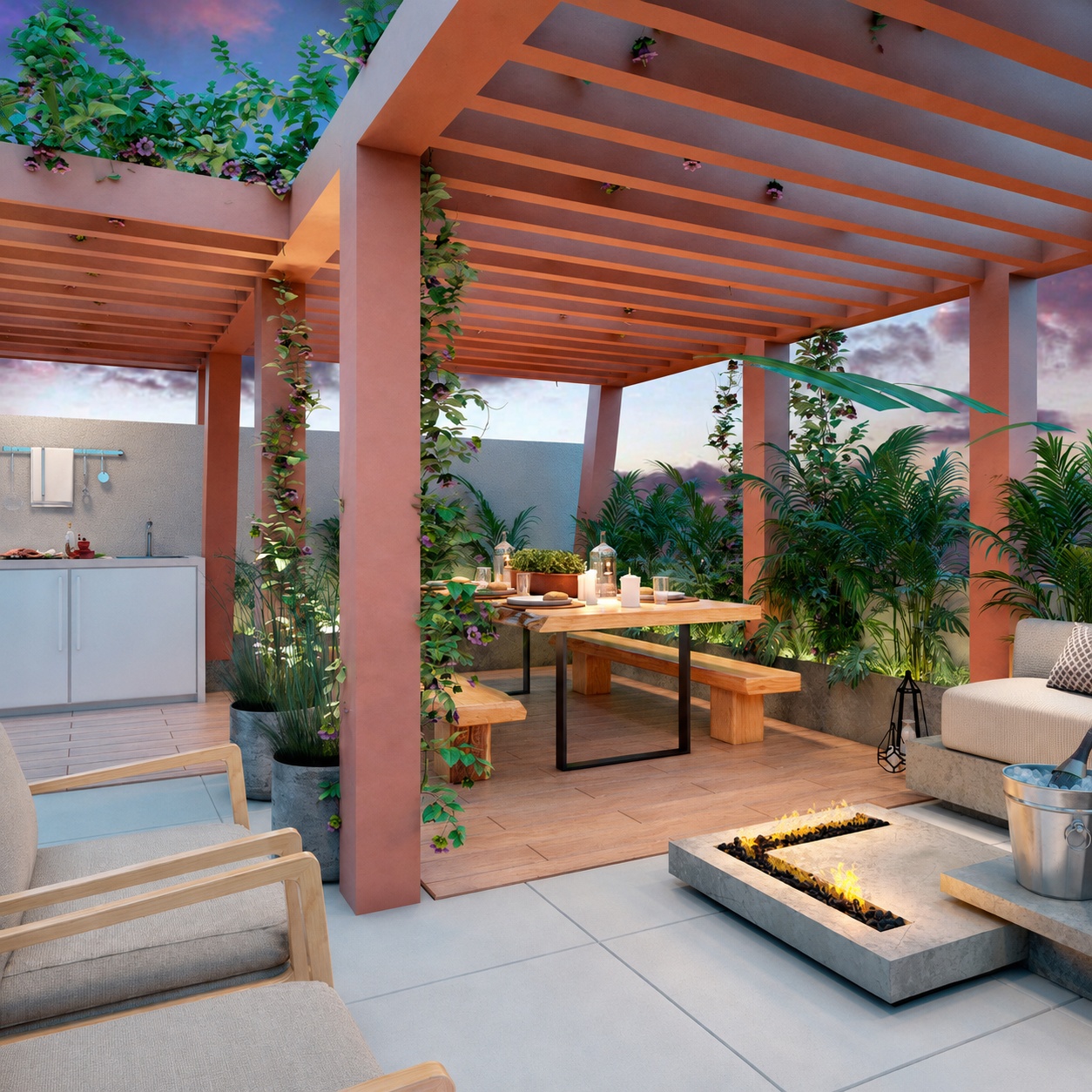 Vistas do Sul, terraço com pérgola e zona de estar