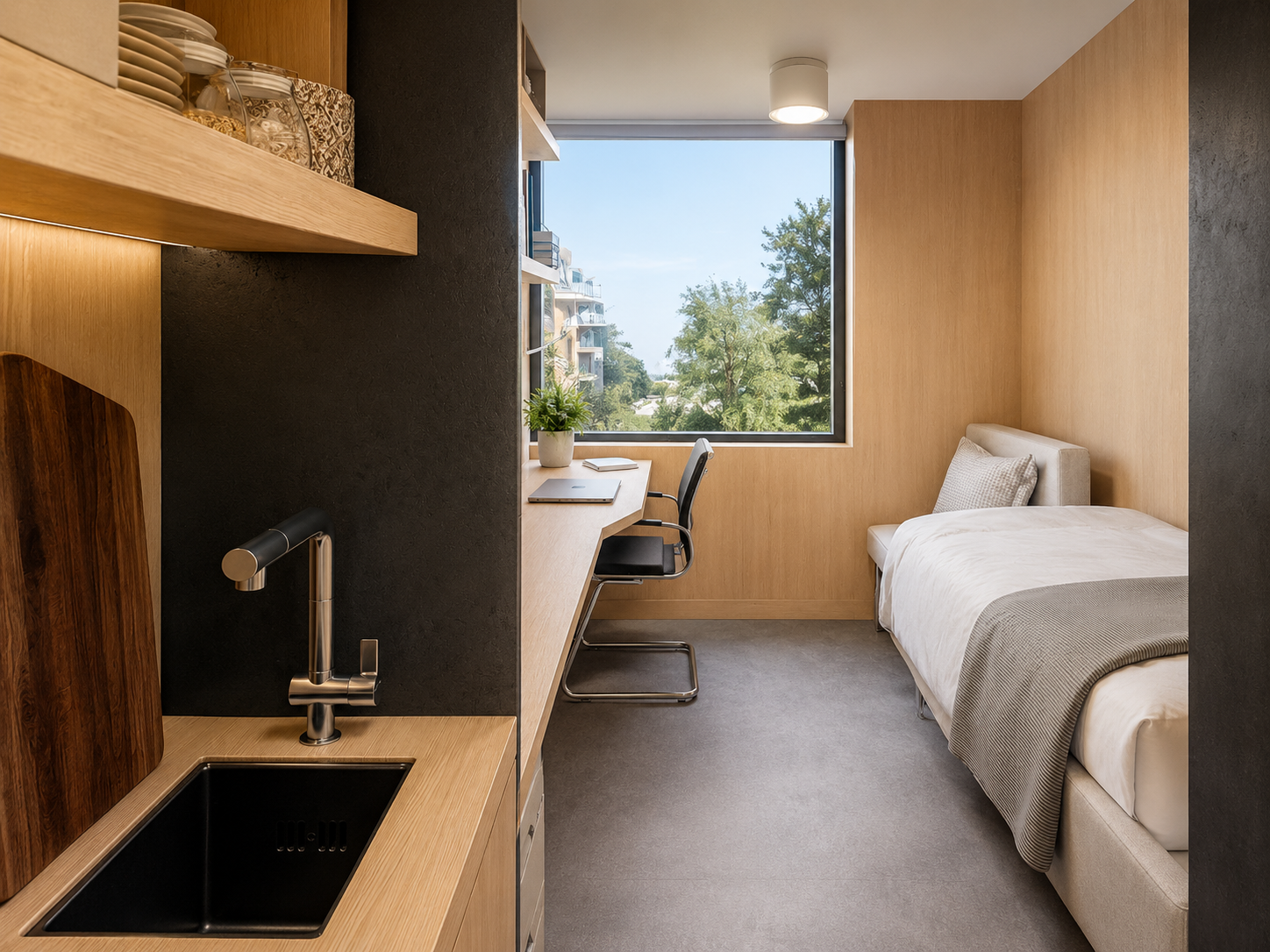 Quarto individual com kitchenette e zona de estudo
