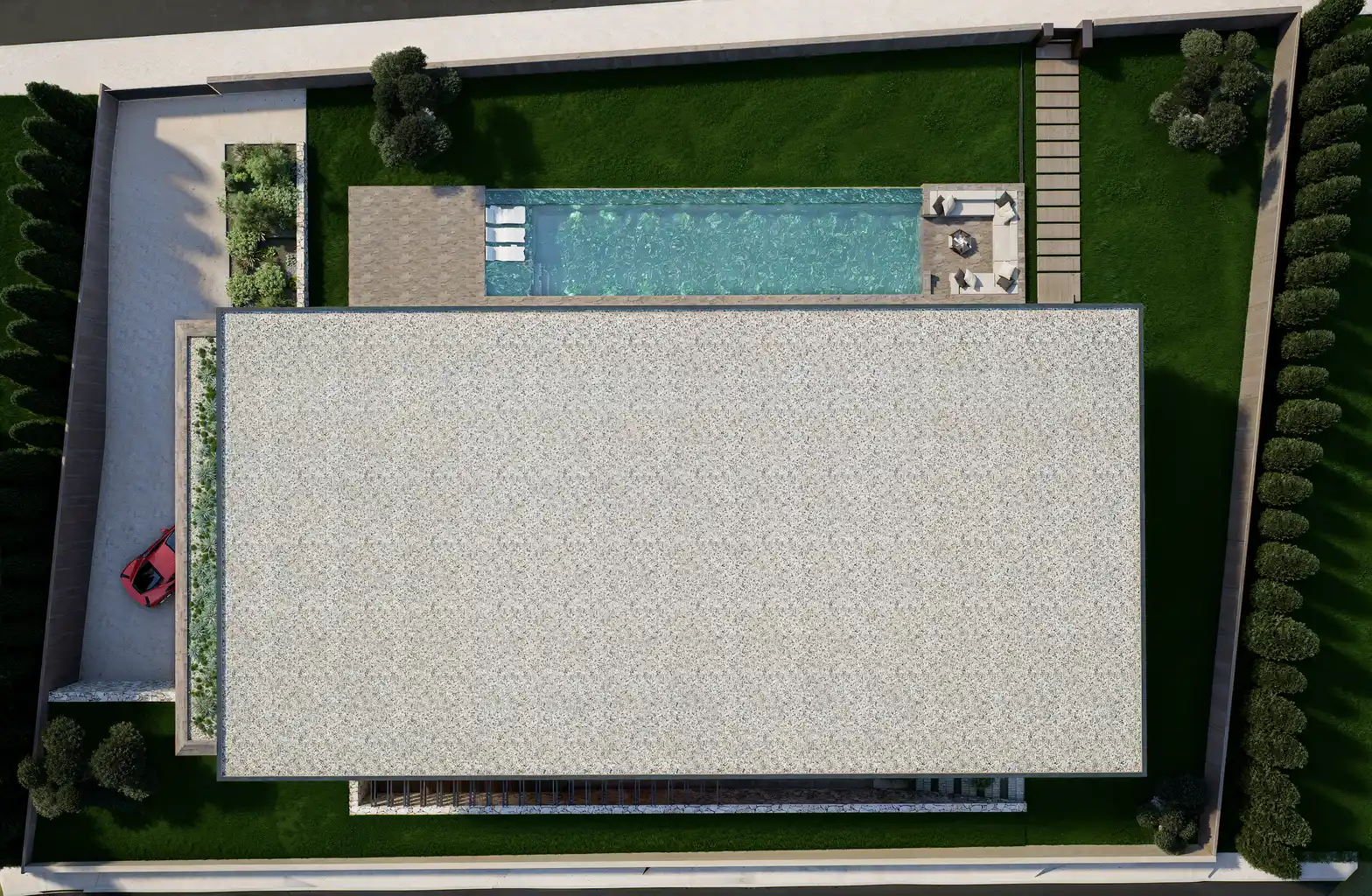 Pinhal do Raposo, vista aérea da moradia, piscina e jardim