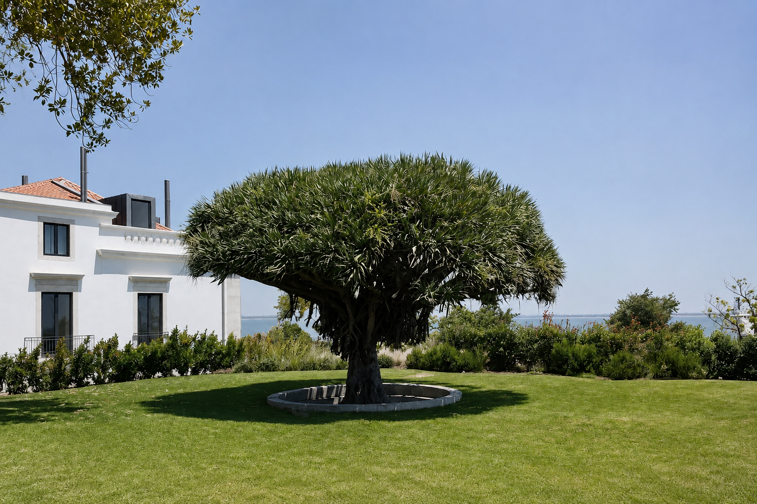 Dragoeiro centenário no jardim do Cruz da Pedra Palace, com o Tejo ao fundo