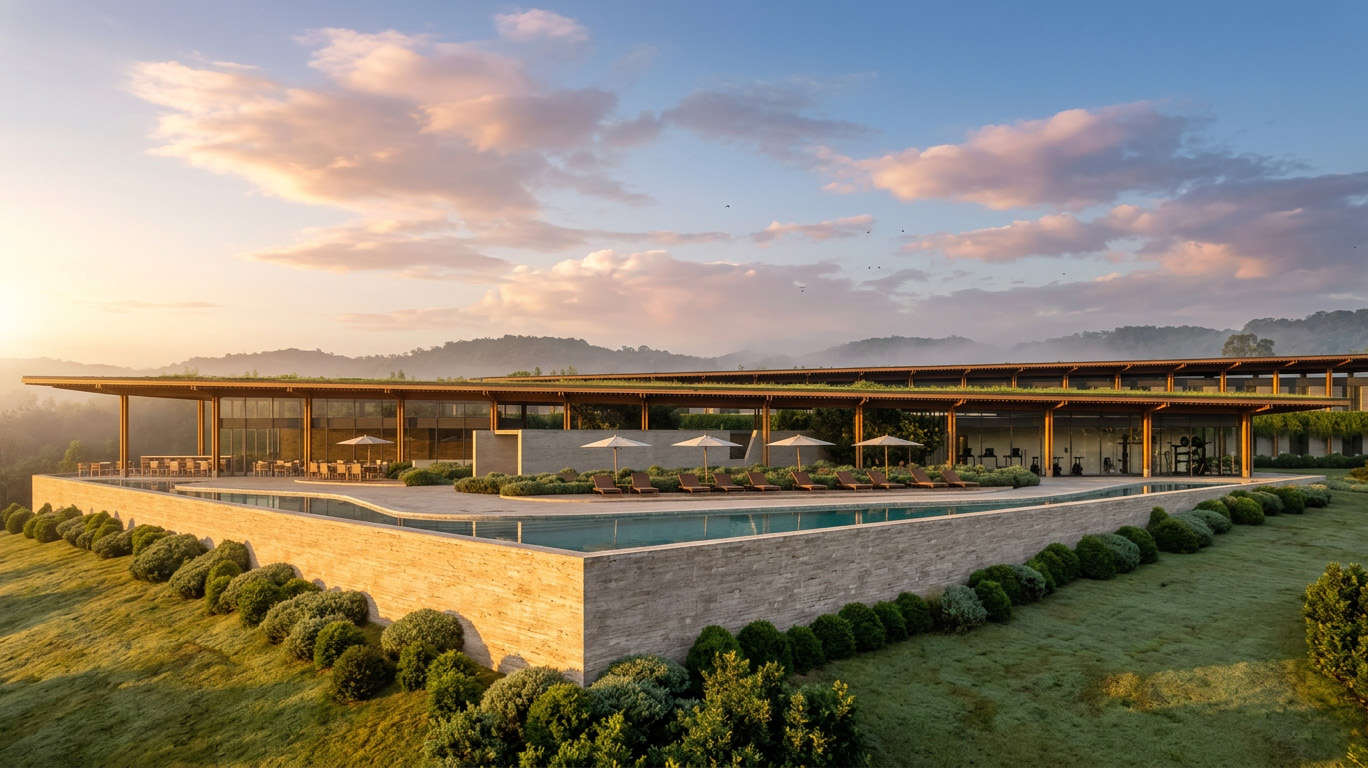 Hotel de Villas Alqueva, piscina e hotel ao entardecer sobre a paisagem alentejana