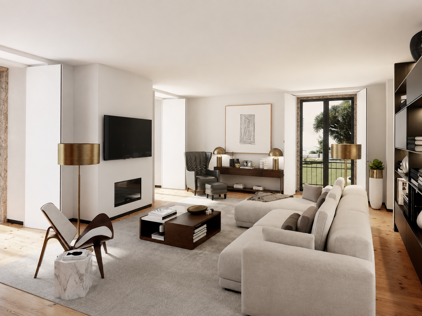Sala de estar de um apartamento do Cruz da Pedra Palace com lareira e saída para o jardim