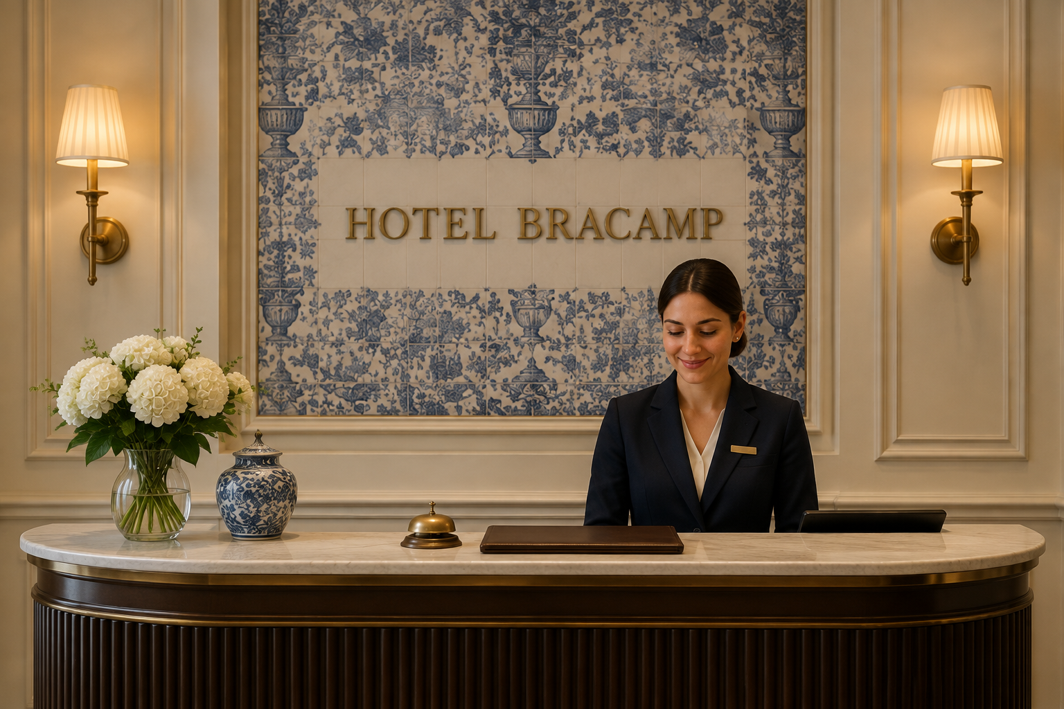 Representação da receção do futuro hotel, com painel de azulejo