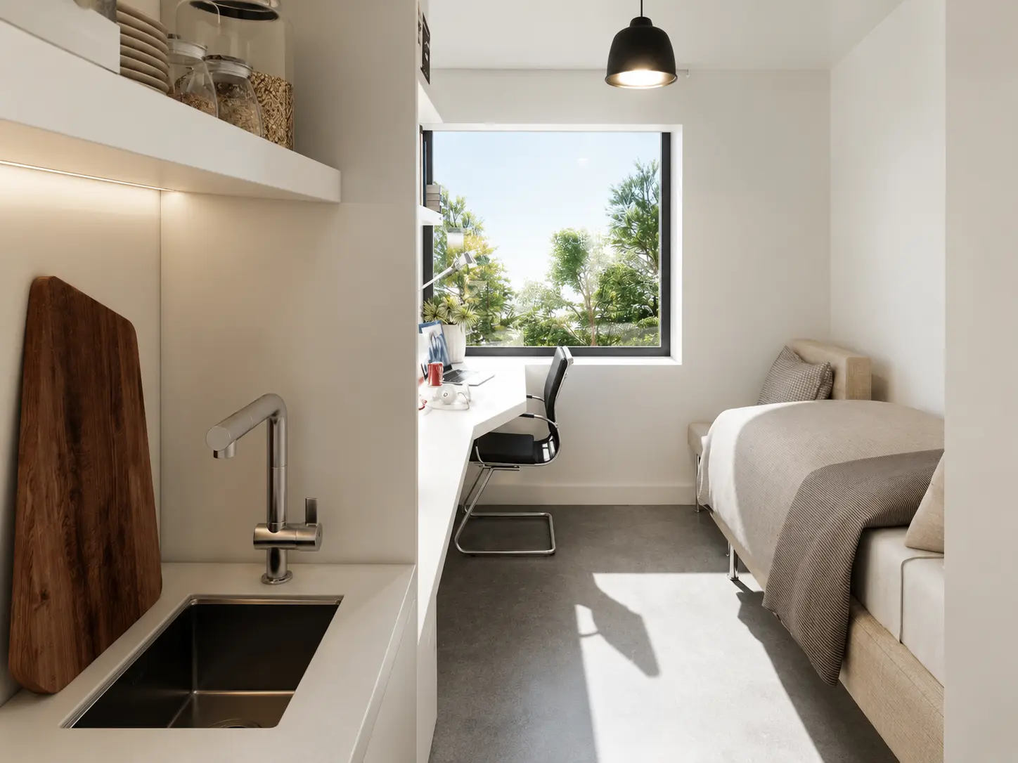 Quarto individual em tons claros