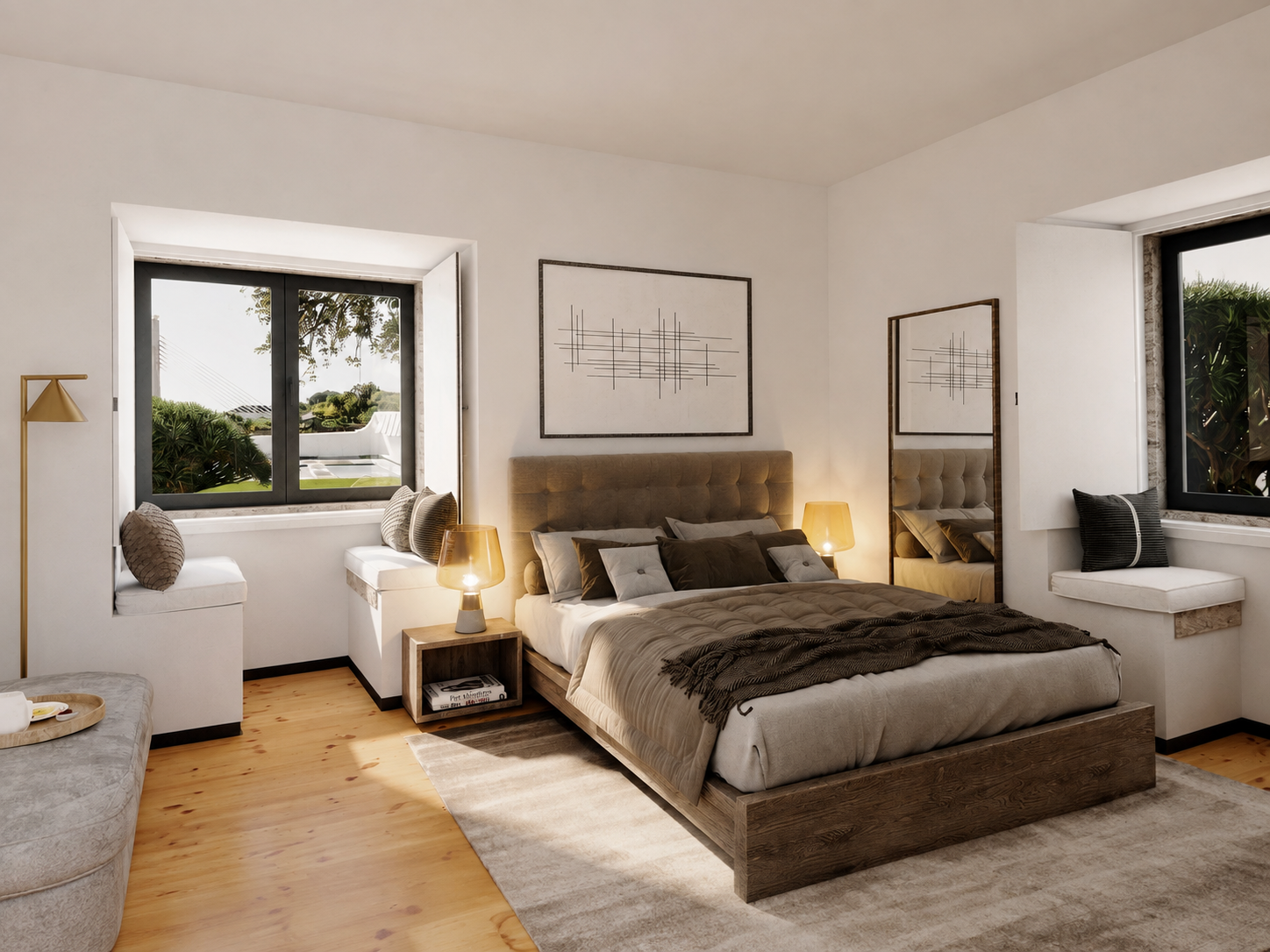 Suite do Cruz da Pedra Palace com soalho em madeira, bancos de janela e vista para o jardim