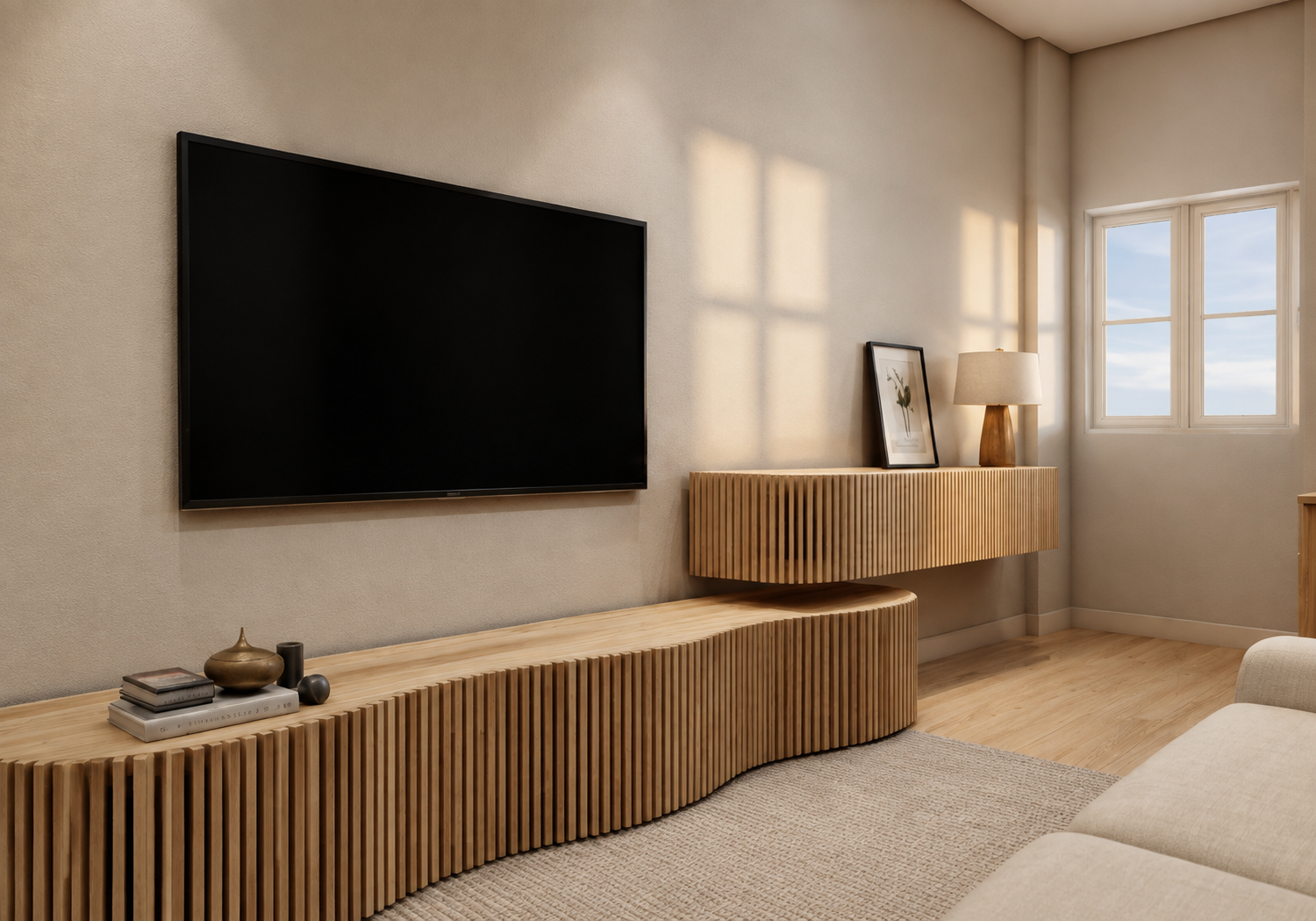 Sala com painel de madeira ripada e luz natural