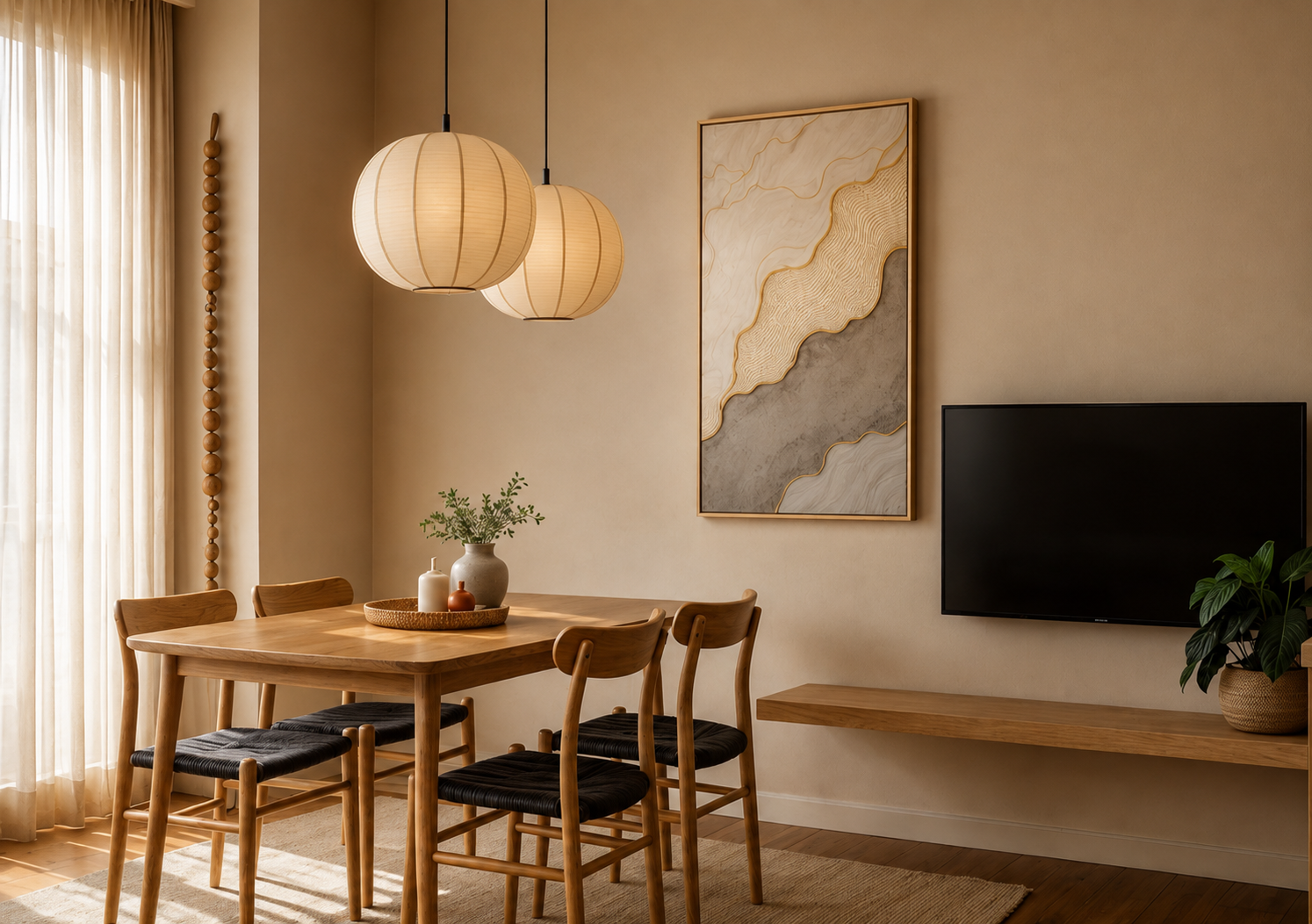 Sala de jantar com marcenaria e iluminação suave