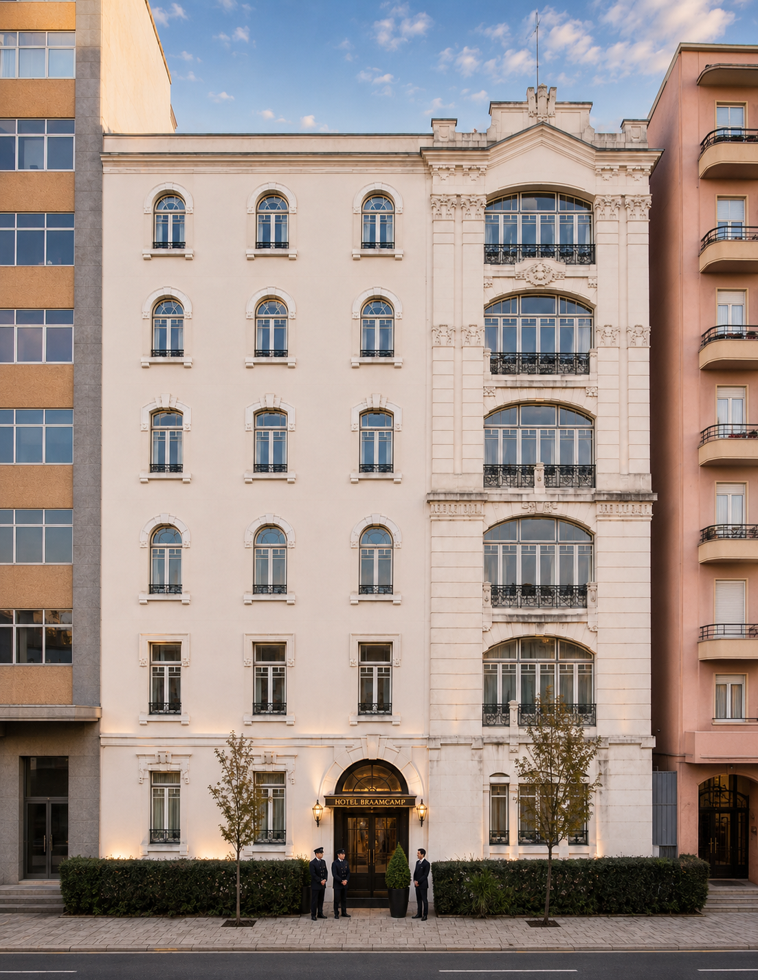 Fachada do Hotel Braamcamp na Rua Braamcamp, ao final da tarde
