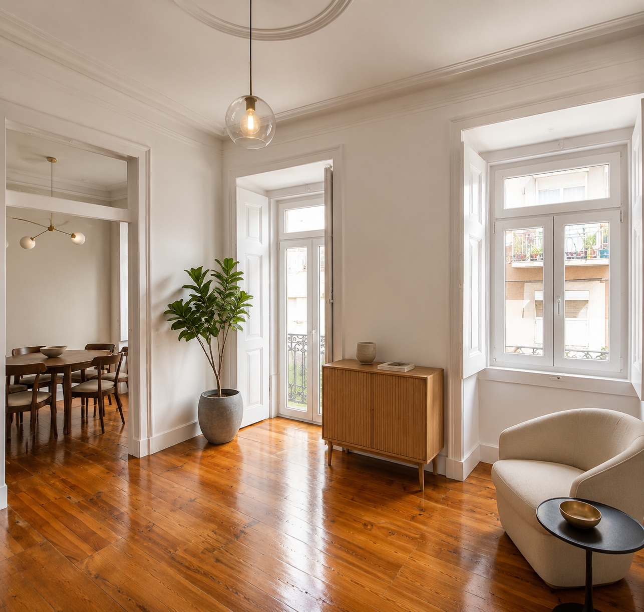 Sala de estar com roseta em estuque e mobiliário contemporâneo