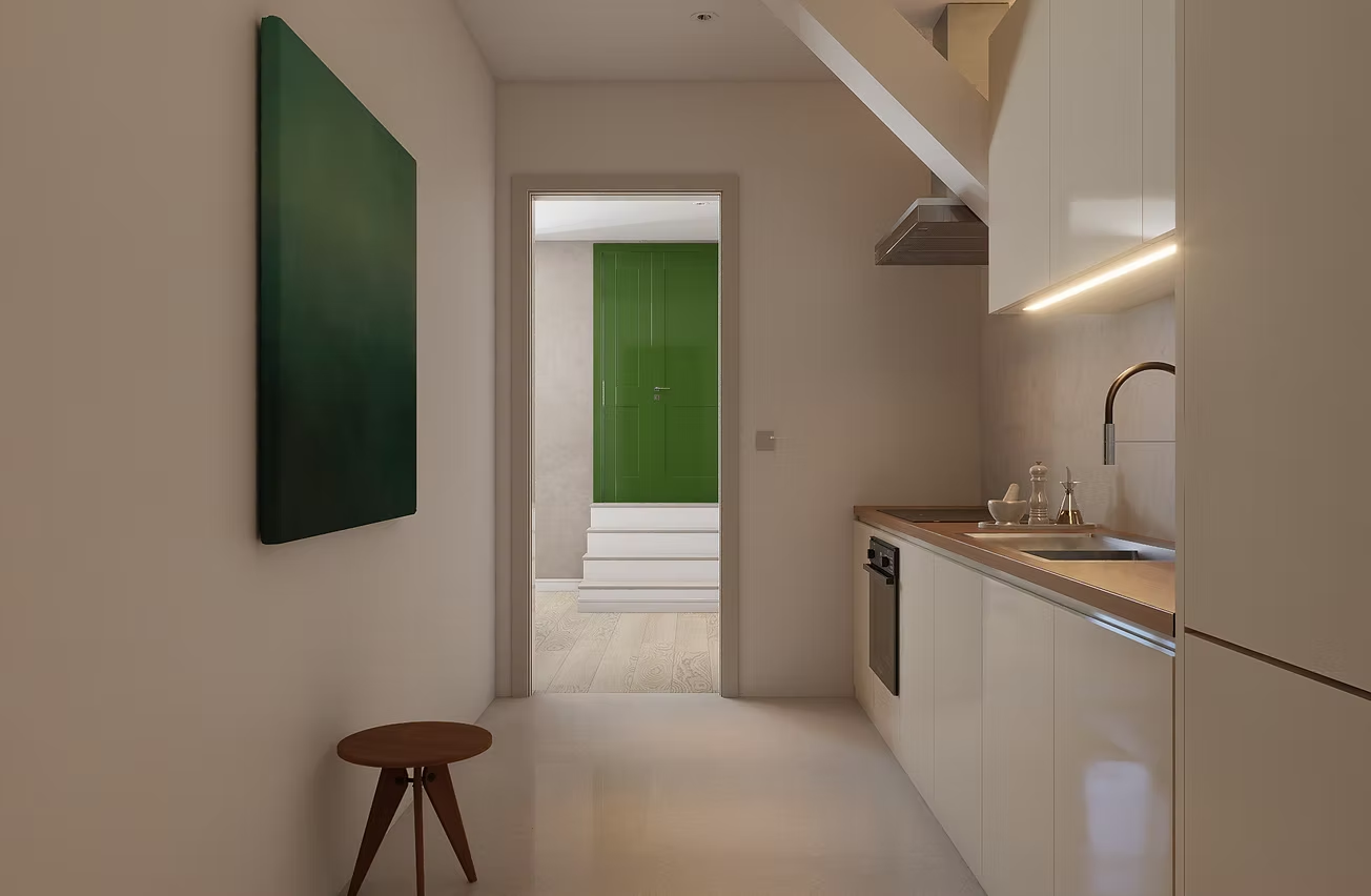 Canto Lisboa, cozinha e hall com pintura